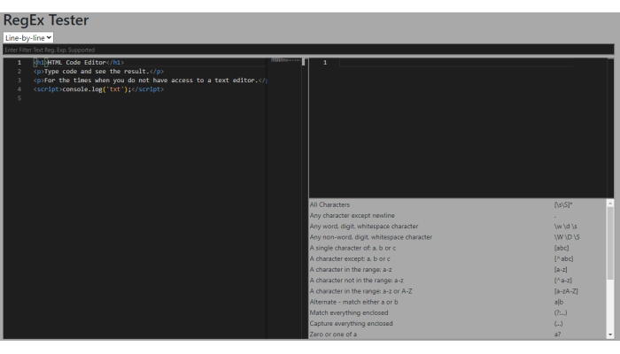 RegEx Tester Webpage Application Screenshot